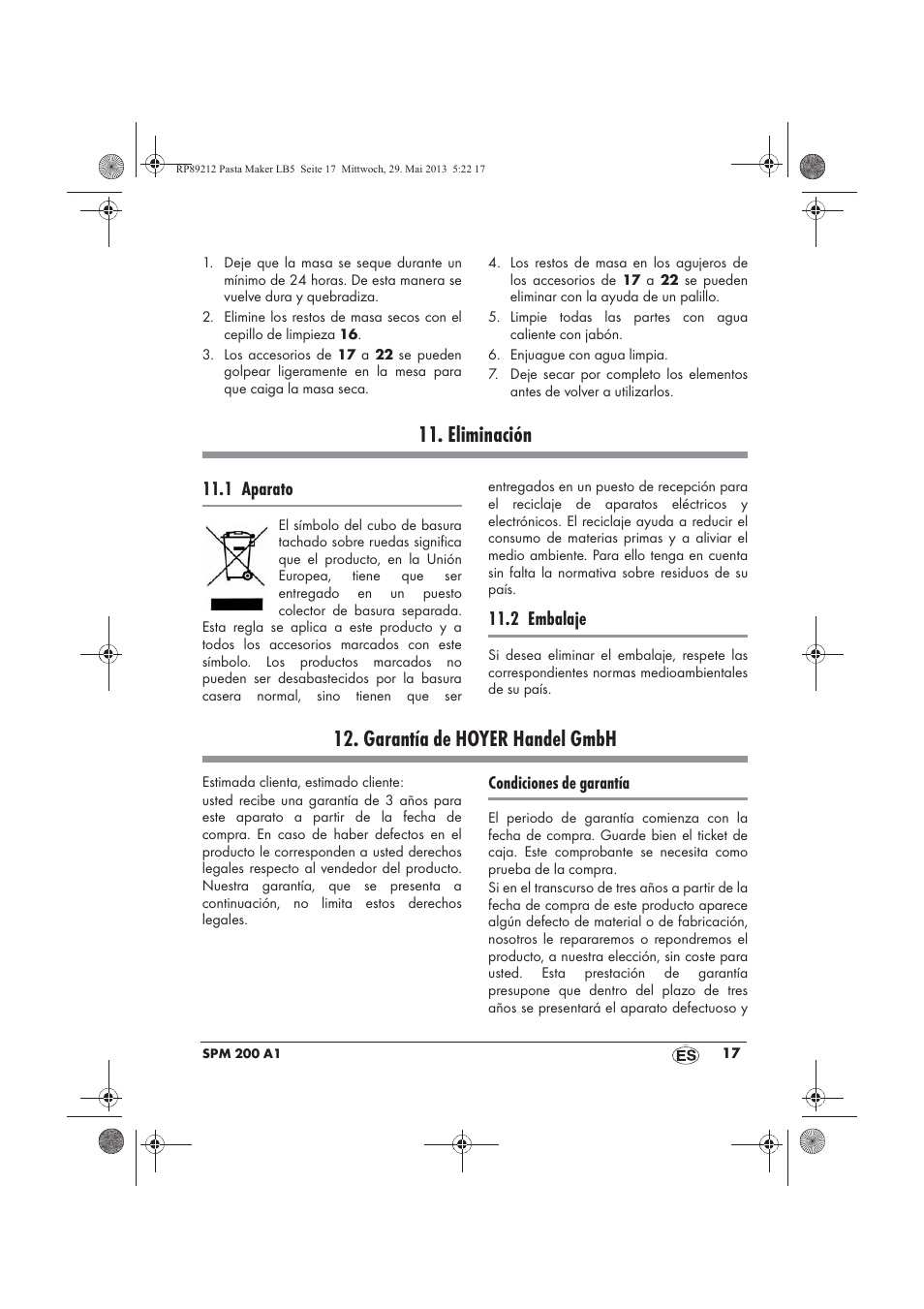 Eliminación, Garantía de hoyer handel gmbh, 1 aparato | 2 embalaje | Silvercrest SPM 200 A1 User Manual | Page 19 / 86