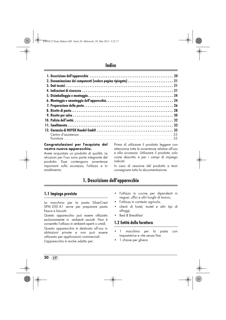 Indice, Descrizione dell'apparecchio, 1 impiego previsto | 2 entità della fornitura | Silvercrest SPM 200 A1 User Manual | Page 22 / 86