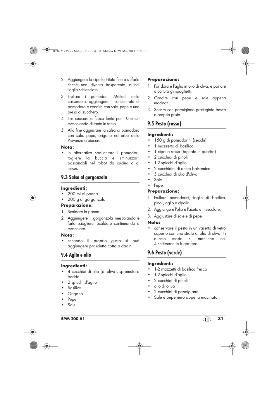 3 salsa al gorgonzola, 4 aglio e olio, 5 pesto (rosso) | 6 pesto (verde) | Silvercrest SPM 200 A1 User Manual | Page 33 / 86
