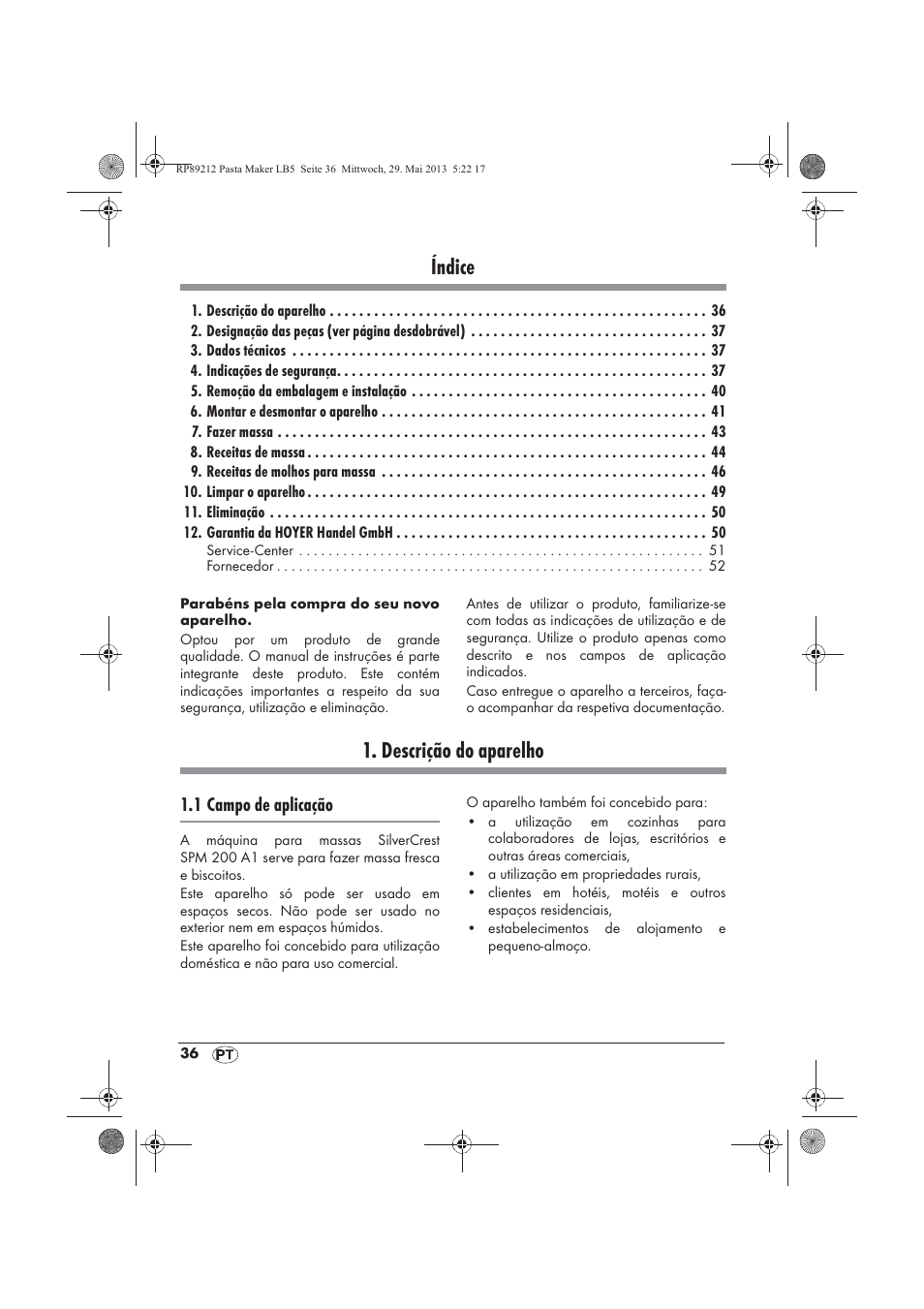 Índice, Descrição do aparelho, 1 campo de aplicação | Silvercrest SPM 200 A1 User Manual | Page 38 / 86