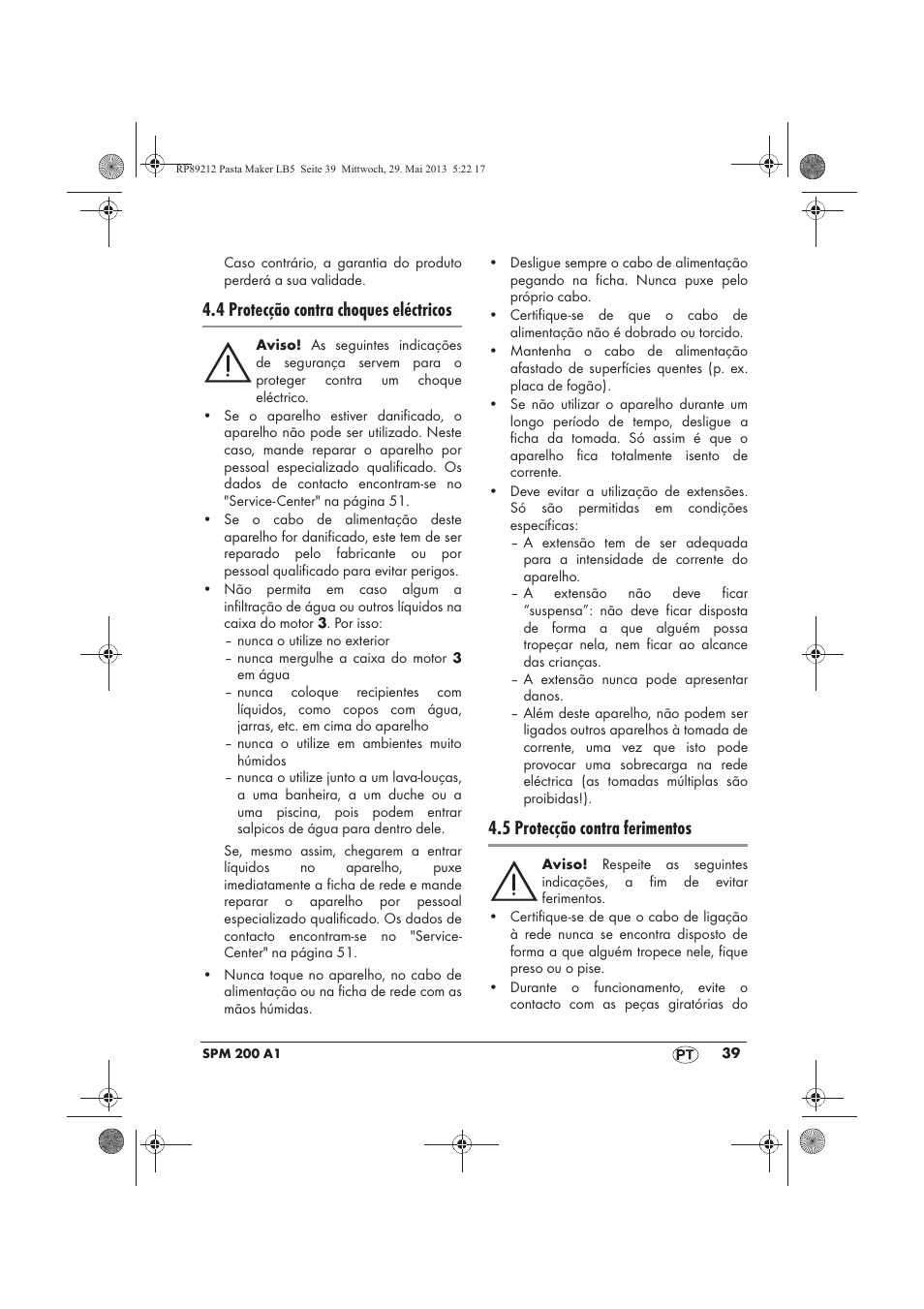 4 protecção contra choques eléctricos, 5 protecção contra ferimentos | Silvercrest SPM 200 A1 User Manual | Page 41 / 86