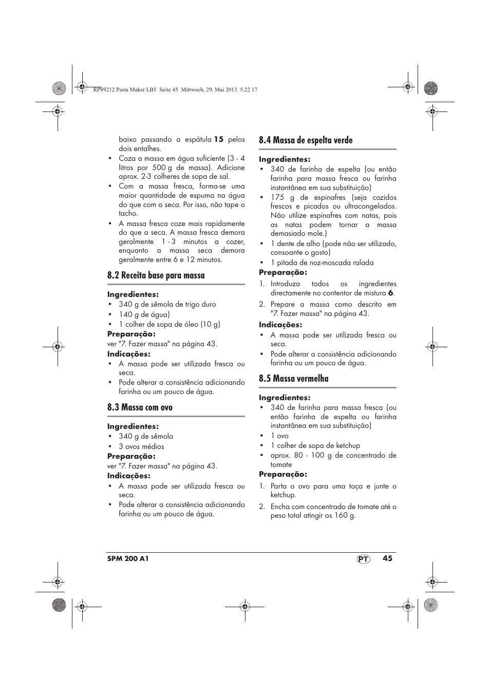 2 receita base para massa, 3 massa com ovo, 4 massa de espelta verde | 5 massa vermelha | Silvercrest SPM 200 A1 User Manual | Page 47 / 86