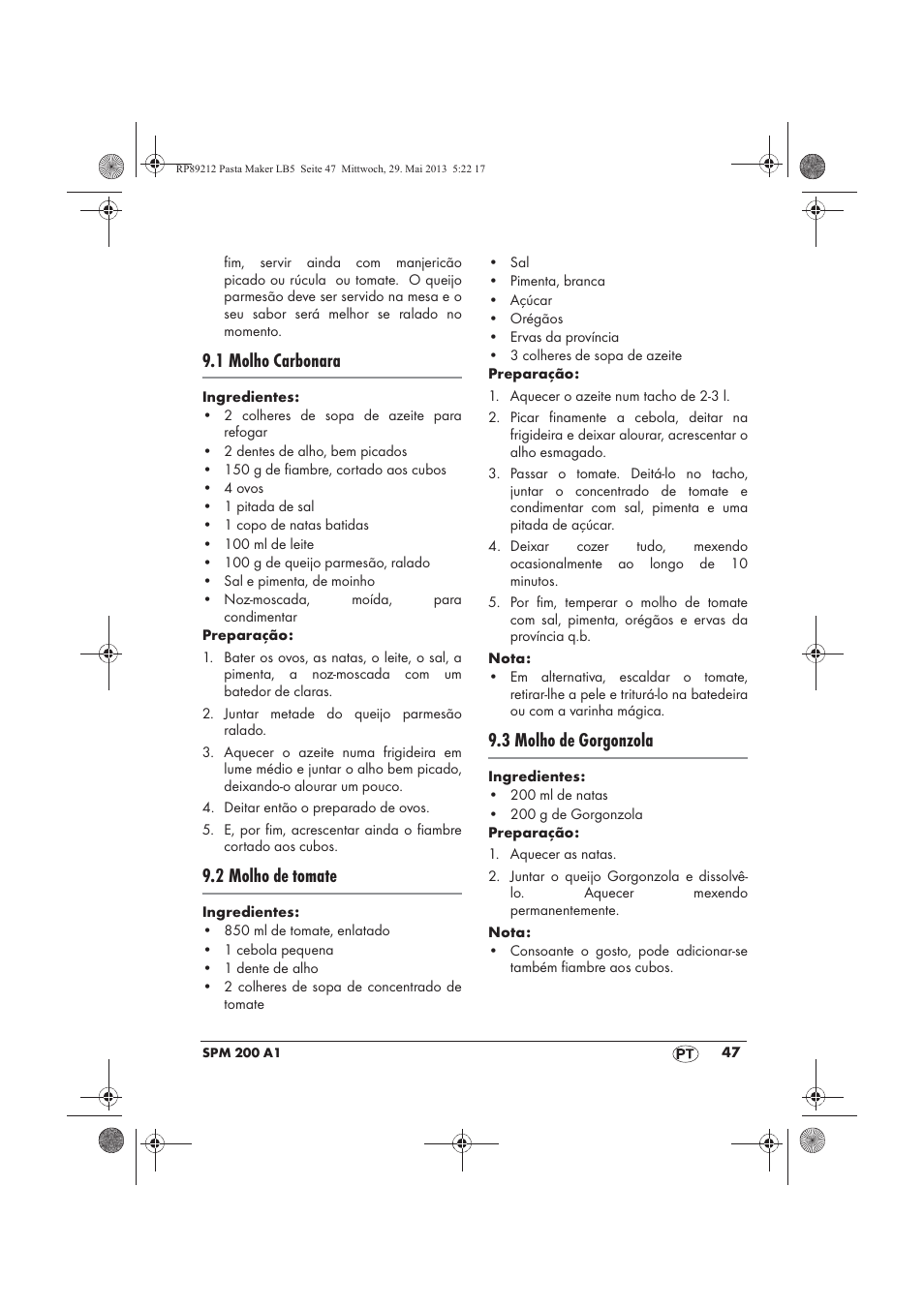 1 molho carbonara, 2 molho de tomate, 3 molho de gorgonzola | Silvercrest SPM 200 A1 User Manual | Page 49 / 86