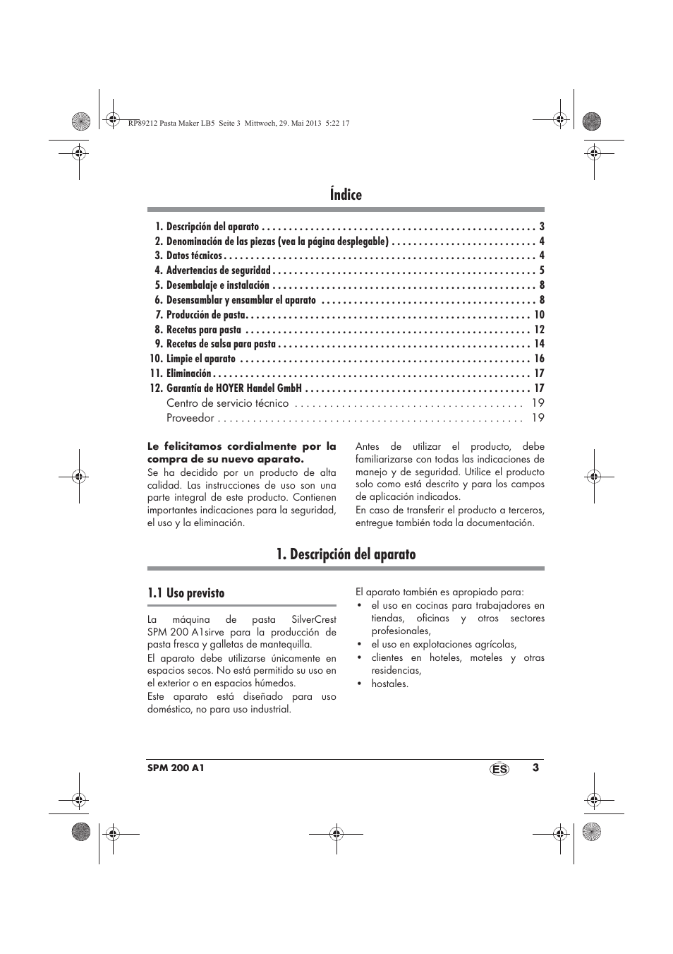 Índice, Descripción del aparato, 1 uso previsto | Silvercrest SPM 200 A1 User Manual | Page 5 / 86