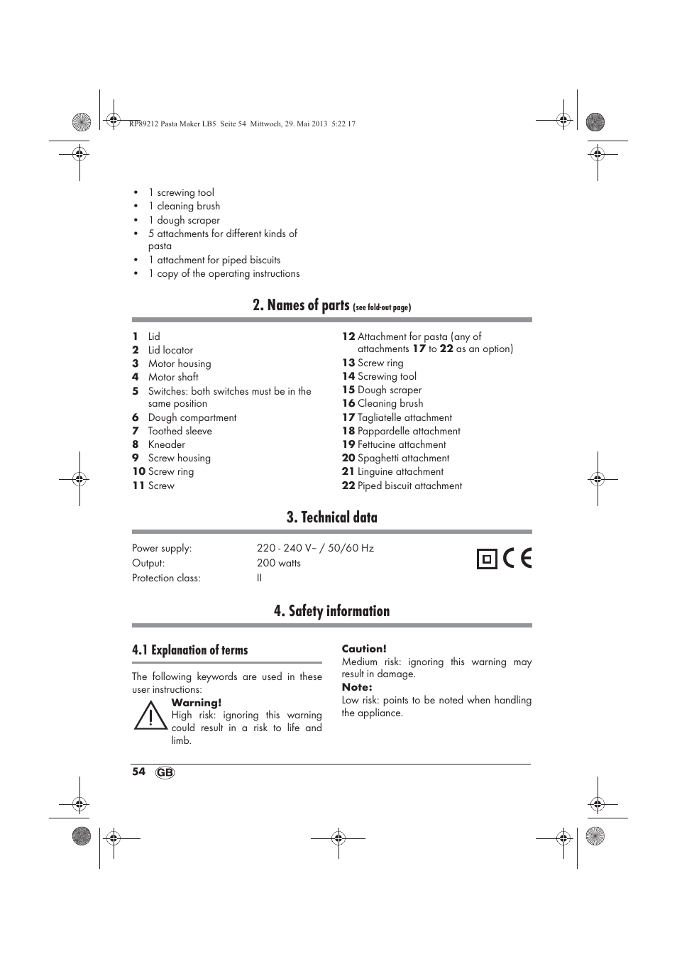 Names of parts, Technical data, Safety information | 1 explanation of terms | Silvercrest SPM 200 A1 User Manual | Page 56 / 86