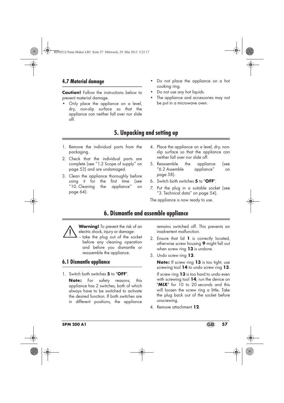 Unpacking and setting up, Dismantle and assemble appliance, 7 material damage | 1 dismantle appliance | Silvercrest SPM 200 A1 User Manual | Page 59 / 86