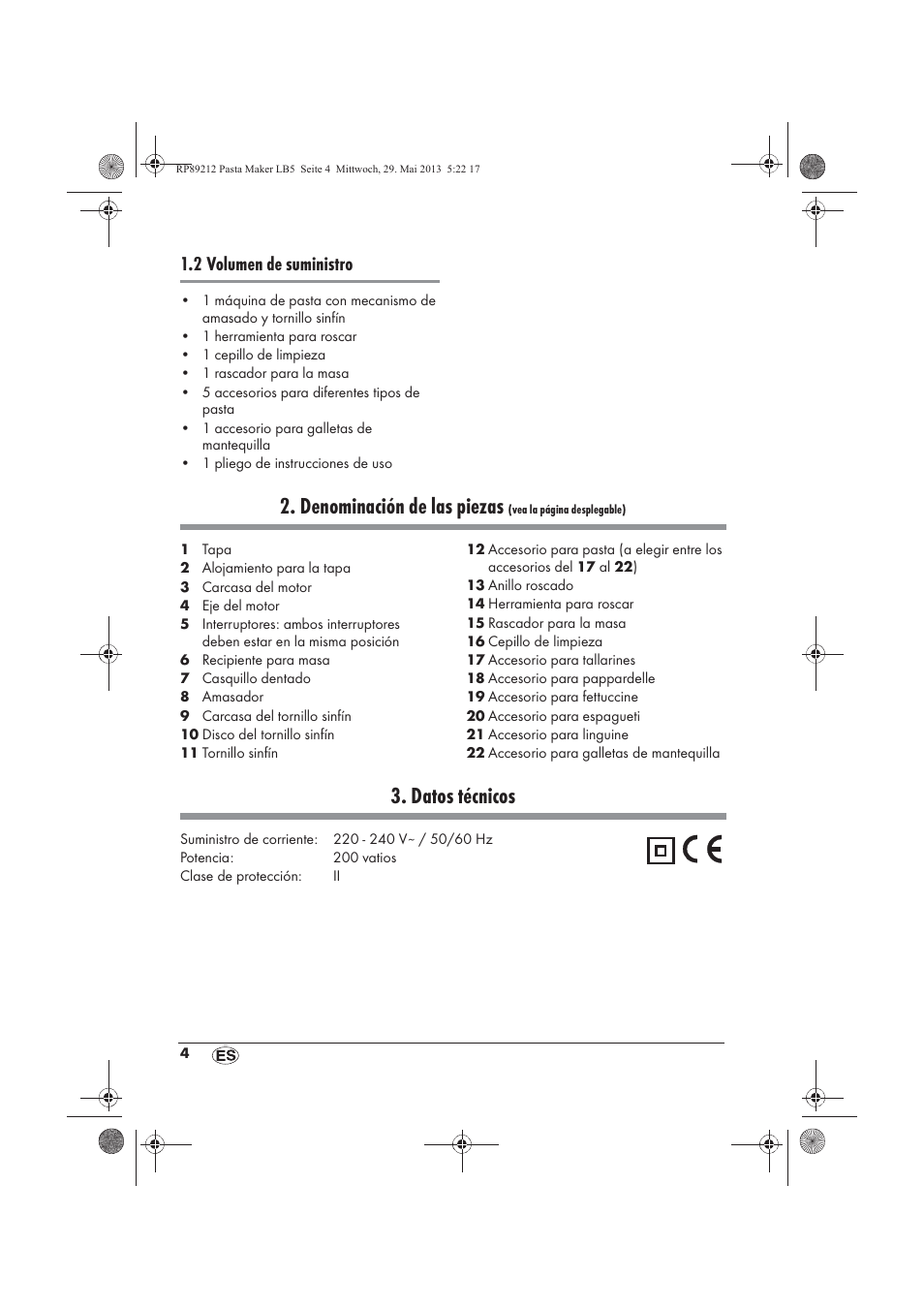 Denominación de las piezas, Datos técnicos, 2 volumen de suministro | Silvercrest SPM 200 A1 User Manual | Page 6 / 86