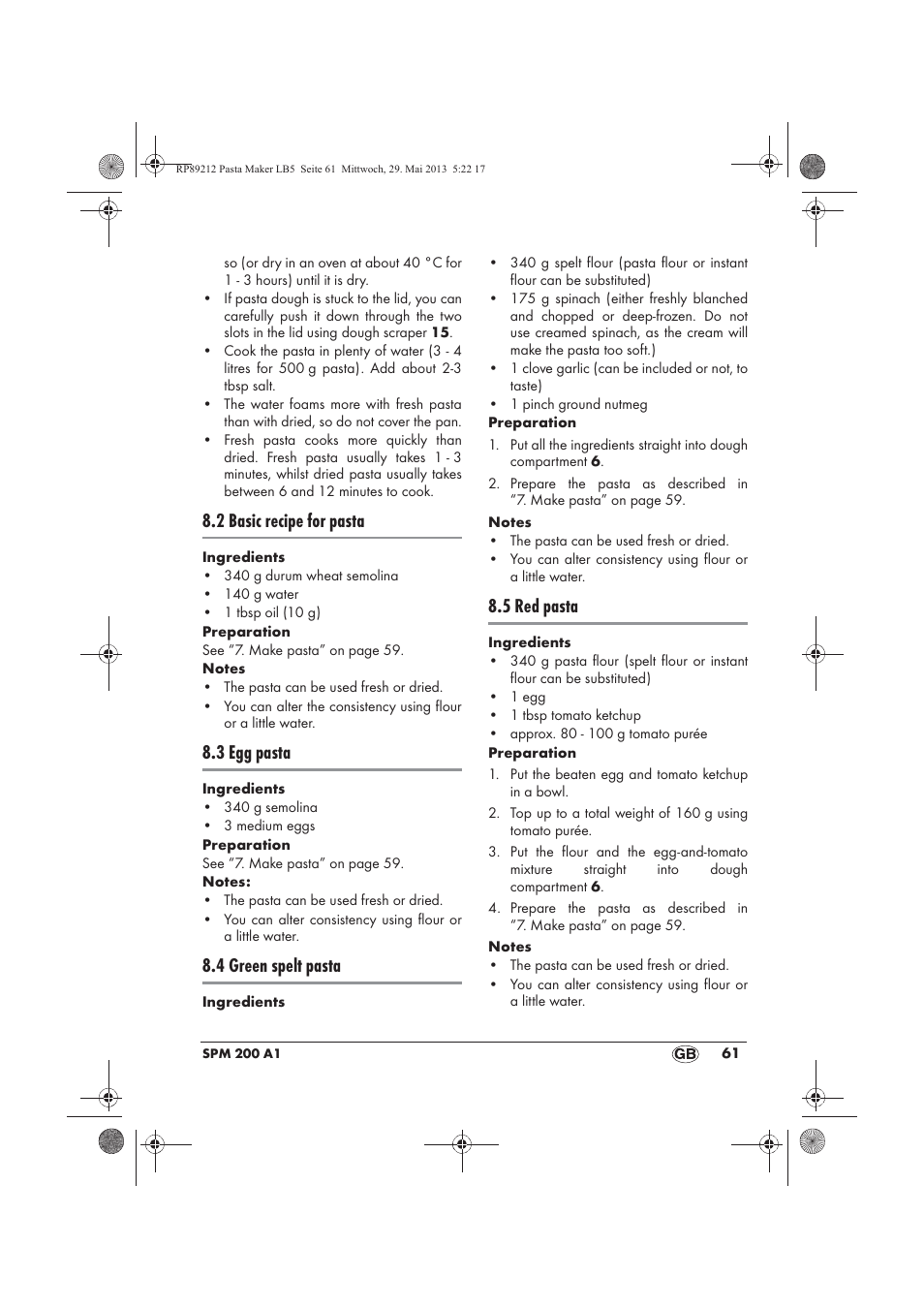 2 basic recipe for pasta, 3 egg pasta, 4 green spelt pasta | 5 red pasta | Silvercrest SPM 200 A1 User Manual | Page 63 / 86