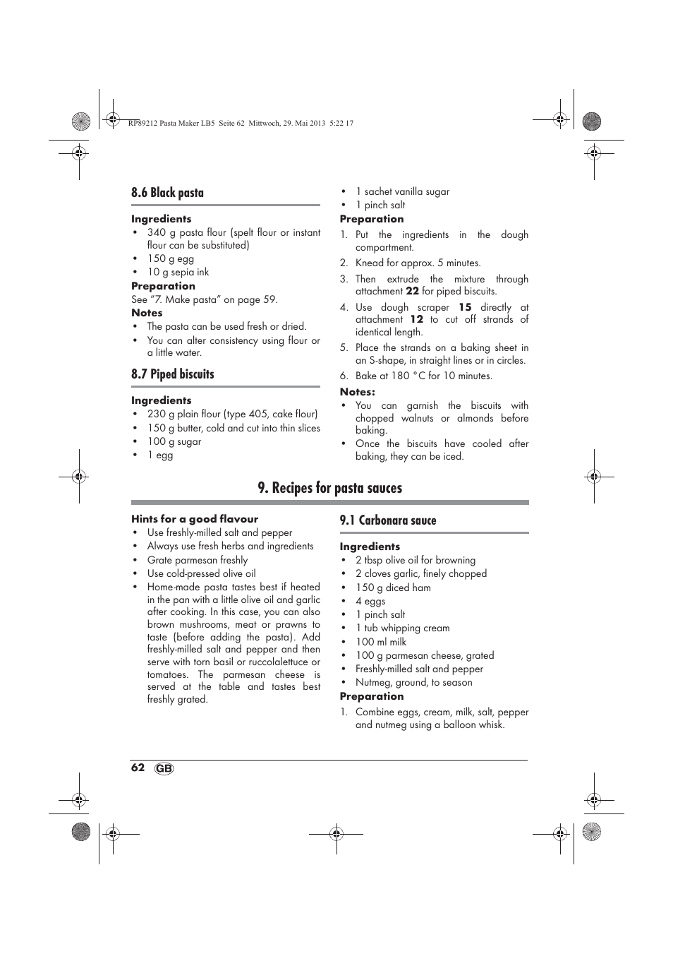 Recipes for pasta sauces, 6 black pasta, 7 piped biscuits | 1 carbonara sauce | Silvercrest SPM 200 A1 User Manual | Page 64 / 86