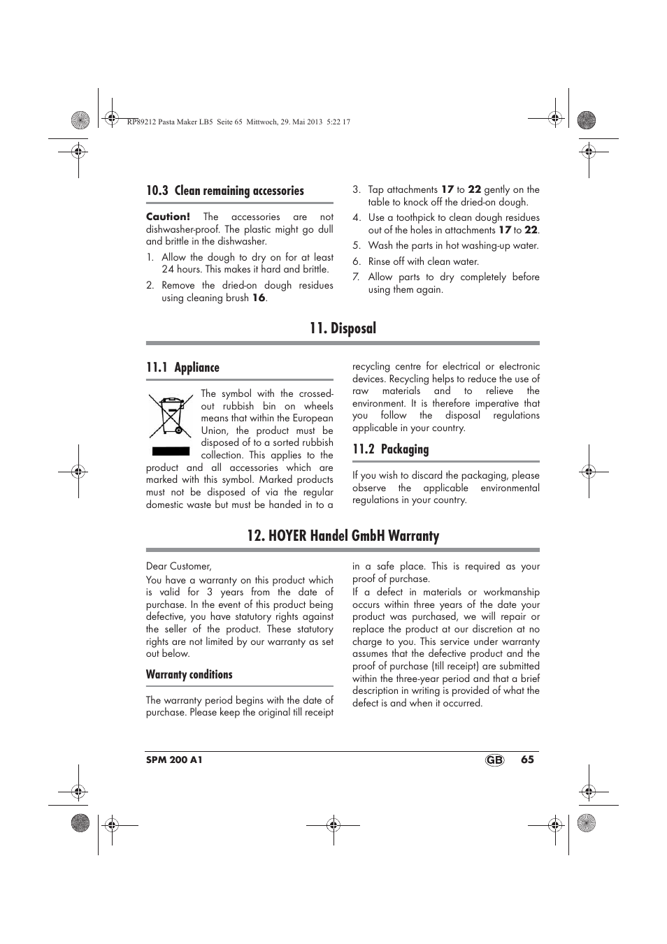 Disposal, Hoyer handel gmbh warranty, 3 clean remaining accessories | 1 appliance, 2 packaging | Silvercrest SPM 200 A1 User Manual | Page 67 / 86