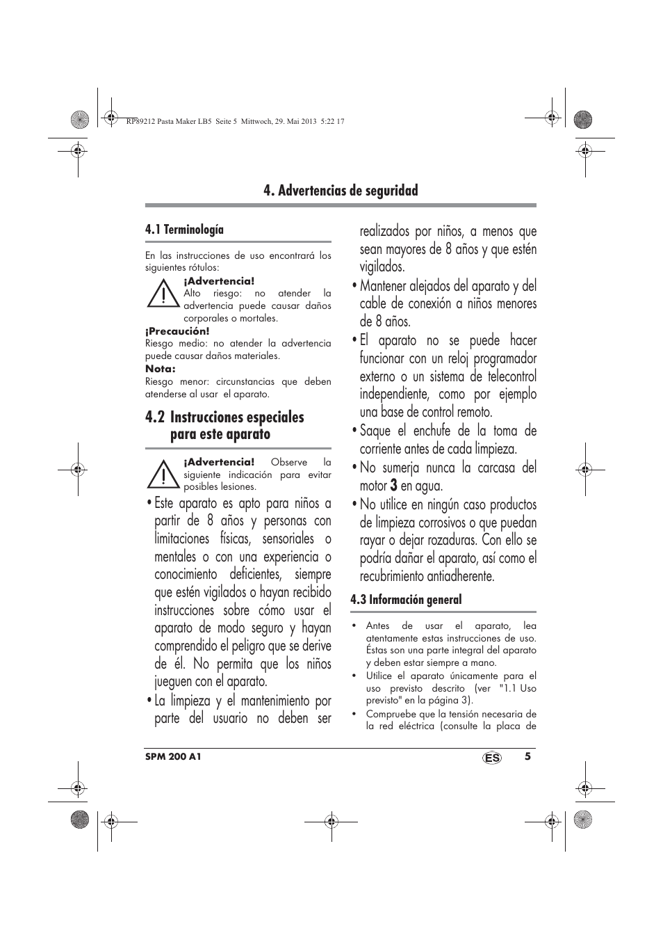 2 instrucciones especiales para este aparato, Advertencias de seguridad | Silvercrest SPM 200 A1 User Manual | Page 7 / 86