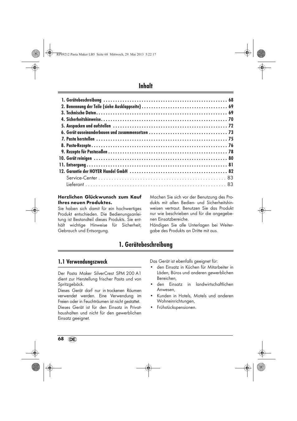 Inhalt, Gerätebeschreibung, 1 verwendungszweck | Silvercrest SPM 200 A1 User Manual | Page 70 / 86