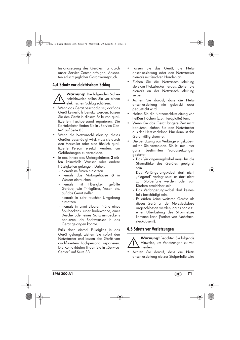 4 schutz vor elektrischem schlag, 5 schutz vor verletzungen | Silvercrest SPM 200 A1 User Manual | Page 73 / 86
