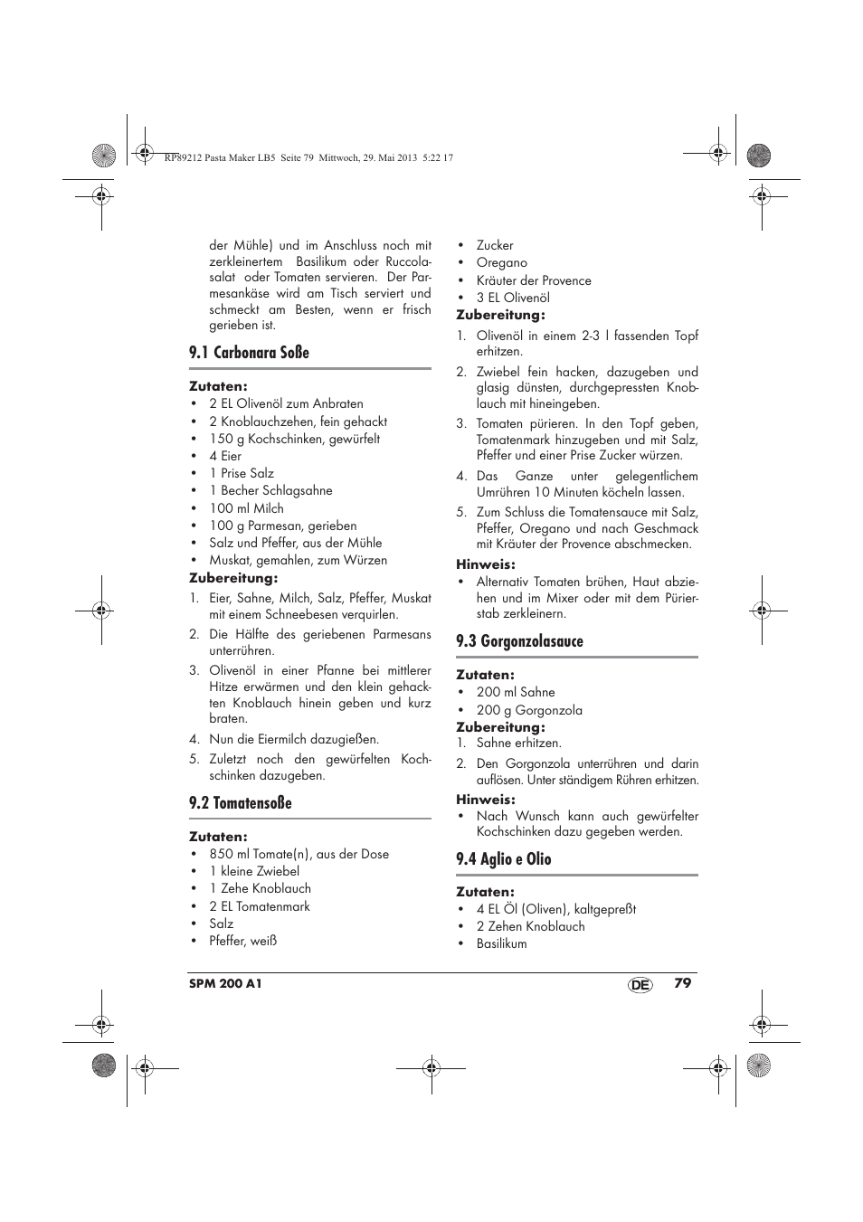 1 carbonara soße, 2 tomatensoße, 3 gorgonzolasauce | 4 aglio e olio | Silvercrest SPM 200 A1 User Manual | Page 81 / 86