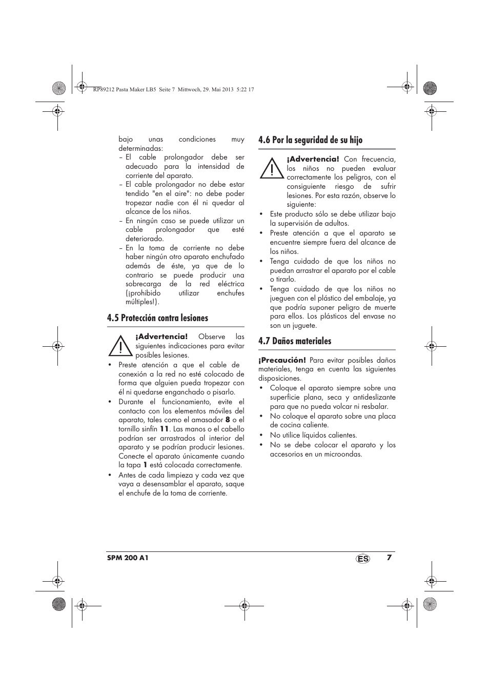 5 protección contra lesiones, 6 por la seguridad de su hijo, 7 daños materiales | Silvercrest SPM 200 A1 User Manual | Page 9 / 86