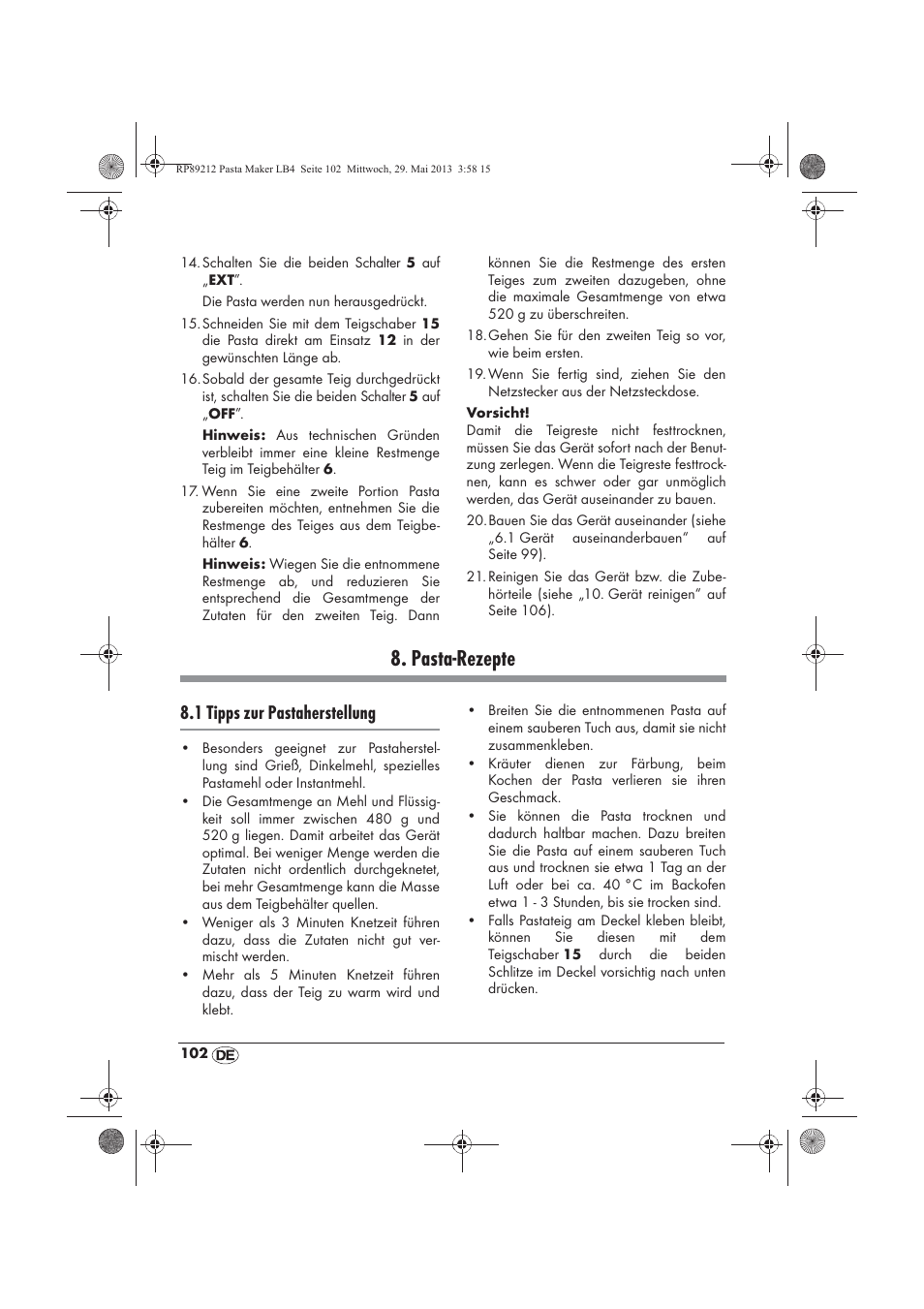 Pasta-rezepte, 1 tipps zur pastaherstellung | Silvercrest SPM 200 A1 User Manual | Page 104 / 114