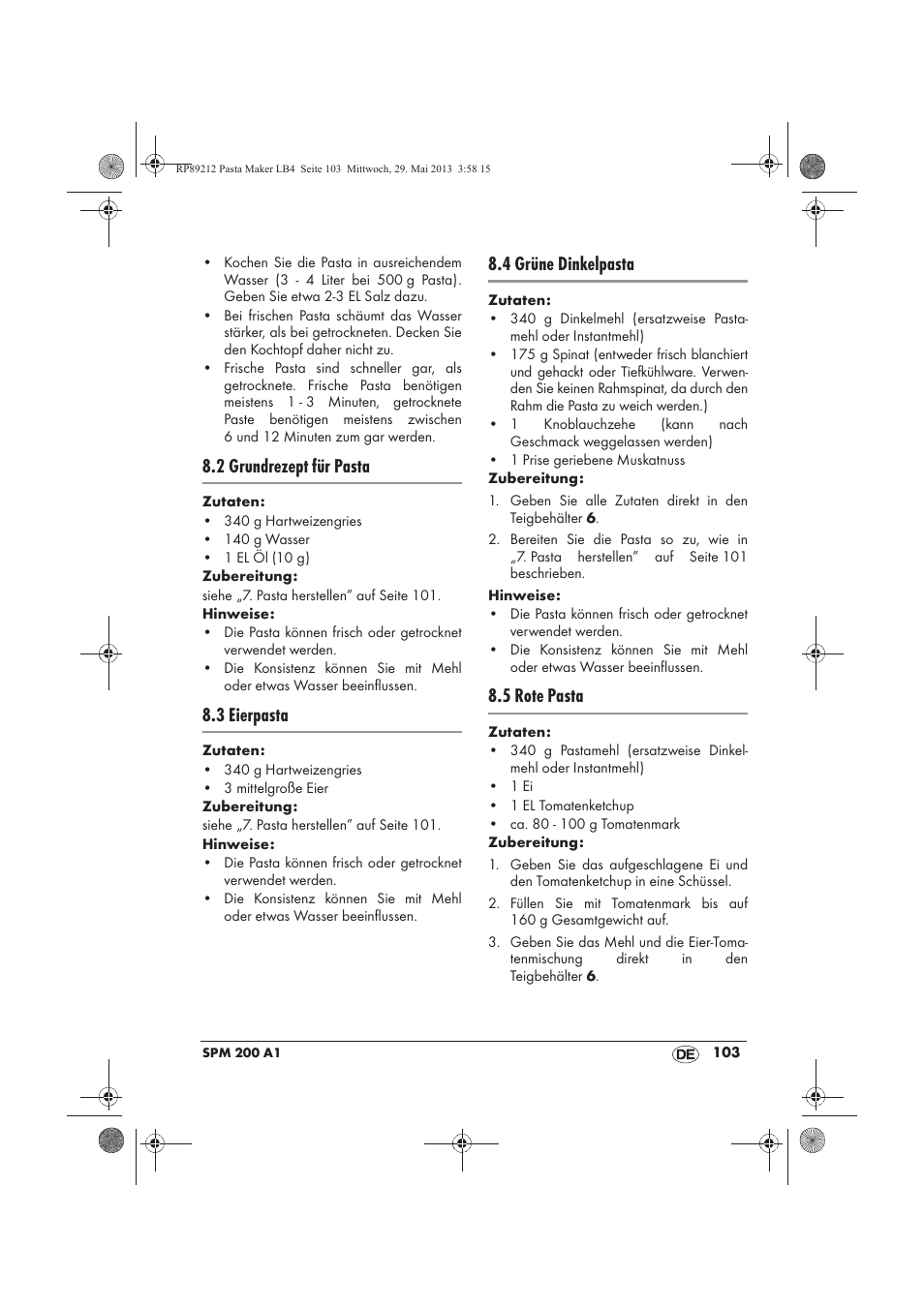 2 grundrezept für pasta, 3 eierpasta, 4 grüne dinkelpasta | 5 rote pasta | Silvercrest SPM 200 A1 User Manual | Page 105 / 114