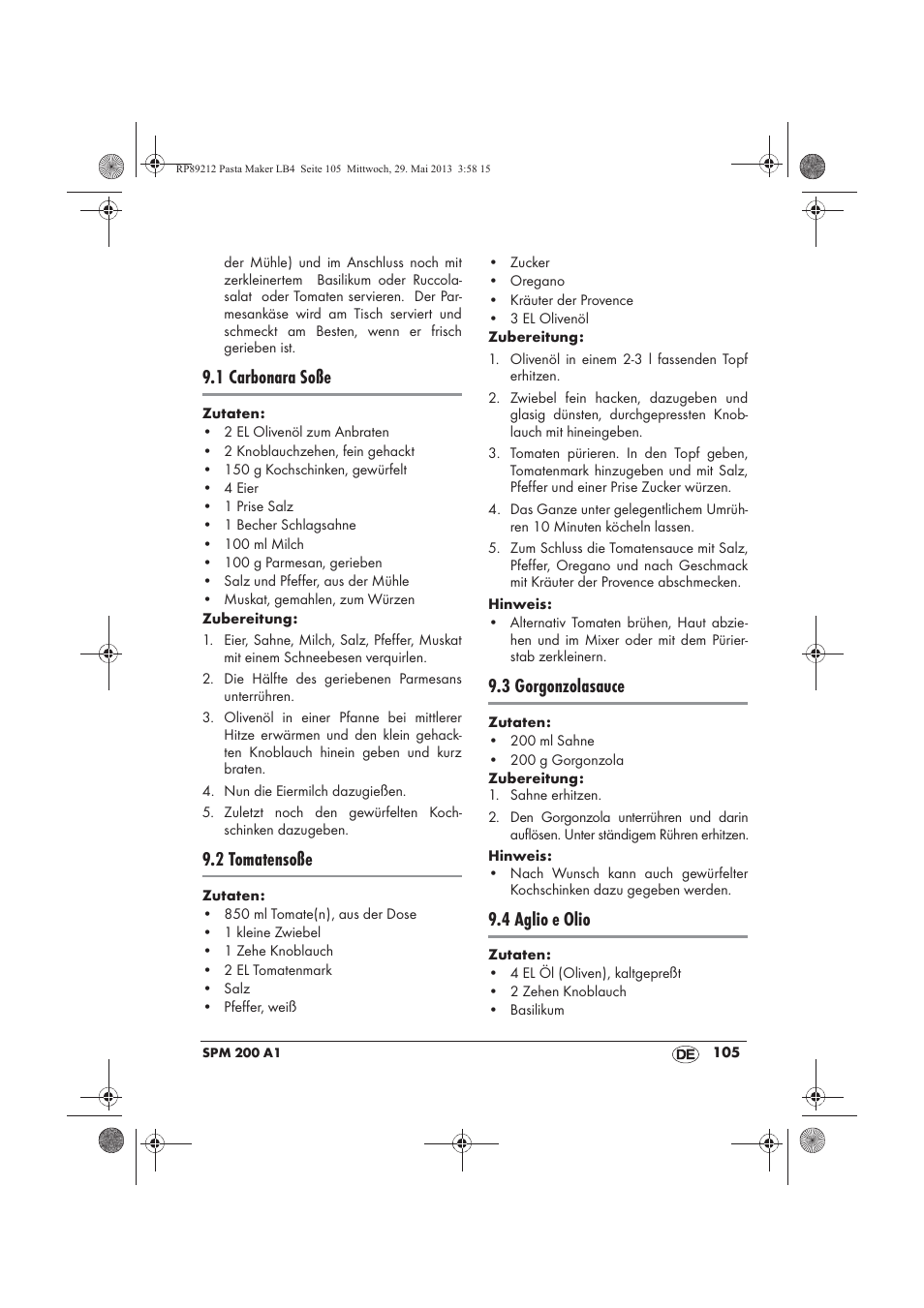 1 carbonara soße, 2 tomatensoße, 3 gorgonzolasauce | 4 aglio e olio | Silvercrest SPM 200 A1 User Manual | Page 107 / 114