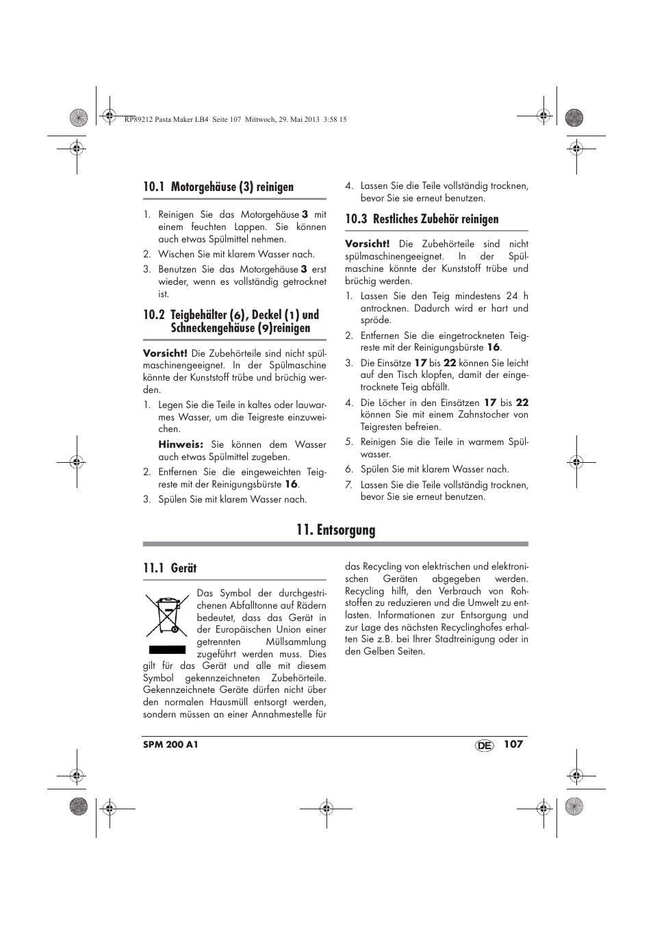 Entsorgung, 1 motorgehäuse (3) reinigen, 2 teigbehälter | Deckel, Und schneckengehäuse, Reinigen, 3 restliches zubehör reinigen, 1 gerät | Silvercrest SPM 200 A1 User Manual | Page 109 / 114