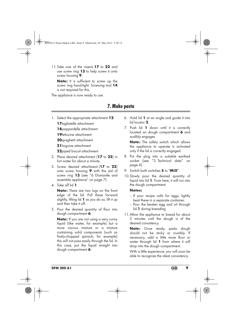 Make pasta | Silvercrest SPM 200 A1 User Manual | Page 11 / 114