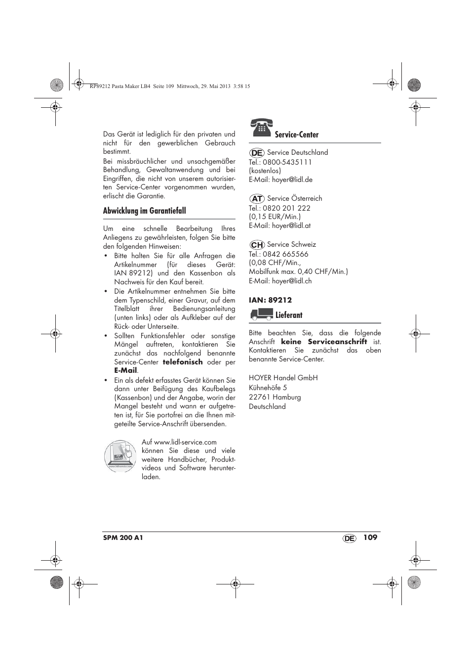 Abwicklung im garantiefall, Service-center, Lieferant | Silvercrest SPM 200 A1 User Manual | Page 111 / 114