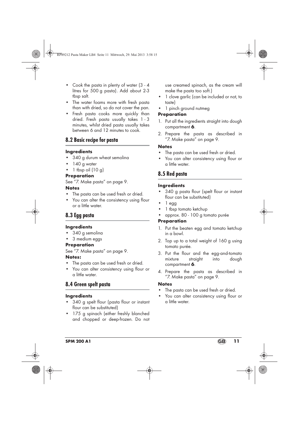 2 basic recipe for pasta, 3 egg pasta, 4 green spelt pasta | 5 red pasta | Silvercrest SPM 200 A1 User Manual | Page 13 / 114