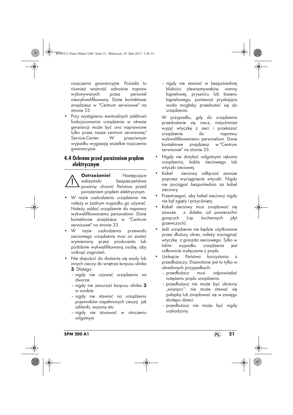 4 ochrona przed porażeniem prądem elektrycznym | Silvercrest SPM 200 A1 User Manual | Page 23 / 114