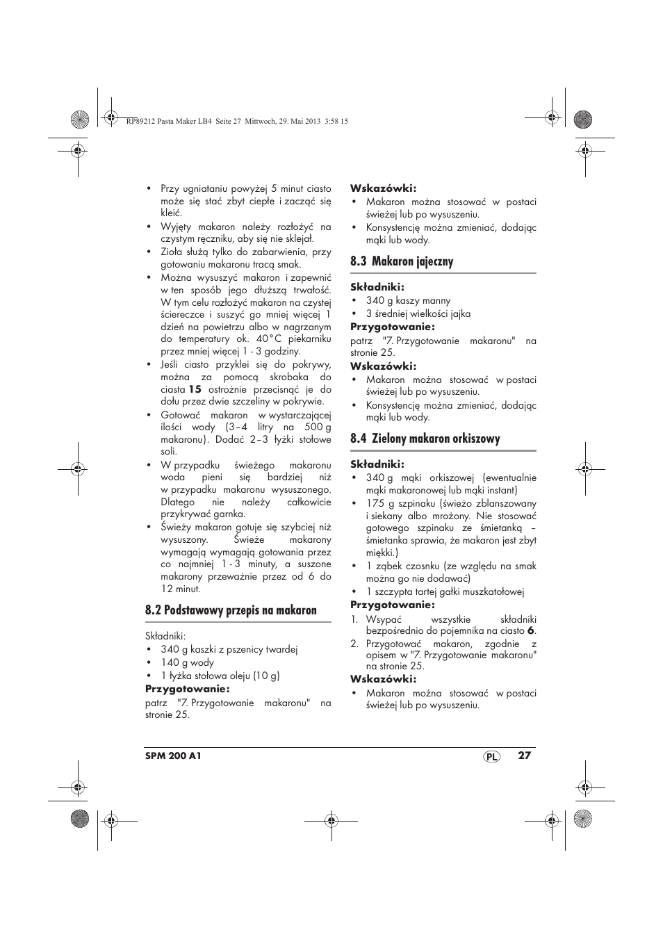 2 podstawowy przepis na makaron, 3 makaron jajeczny, 4 zielony makaron orkiszowy | Silvercrest SPM 200 A1 User Manual | Page 29 / 114