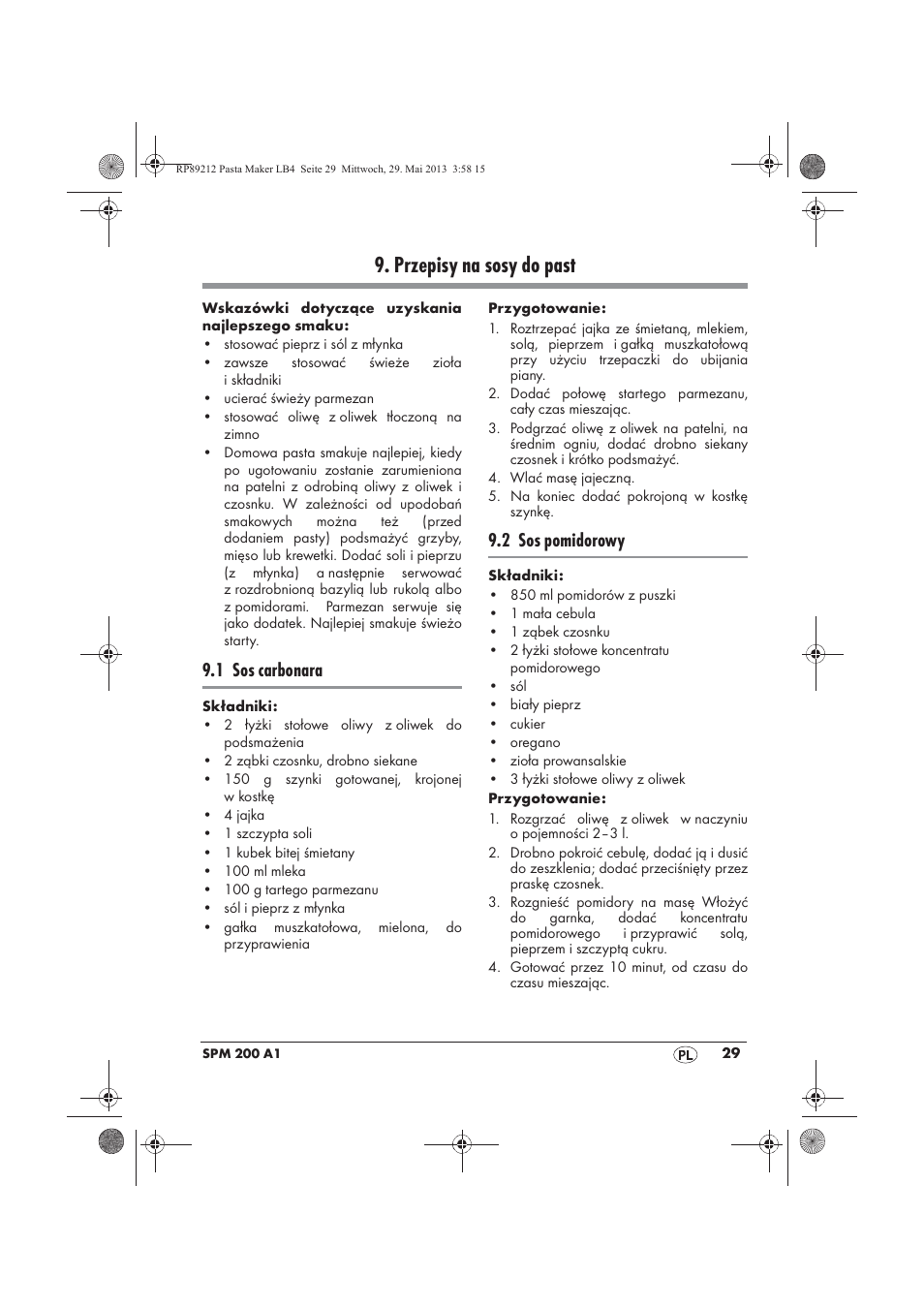 Przepisy na sosy do past, 1 sos carbonara, 2 sos pomidorowy | Silvercrest SPM 200 A1 User Manual | Page 31 / 114