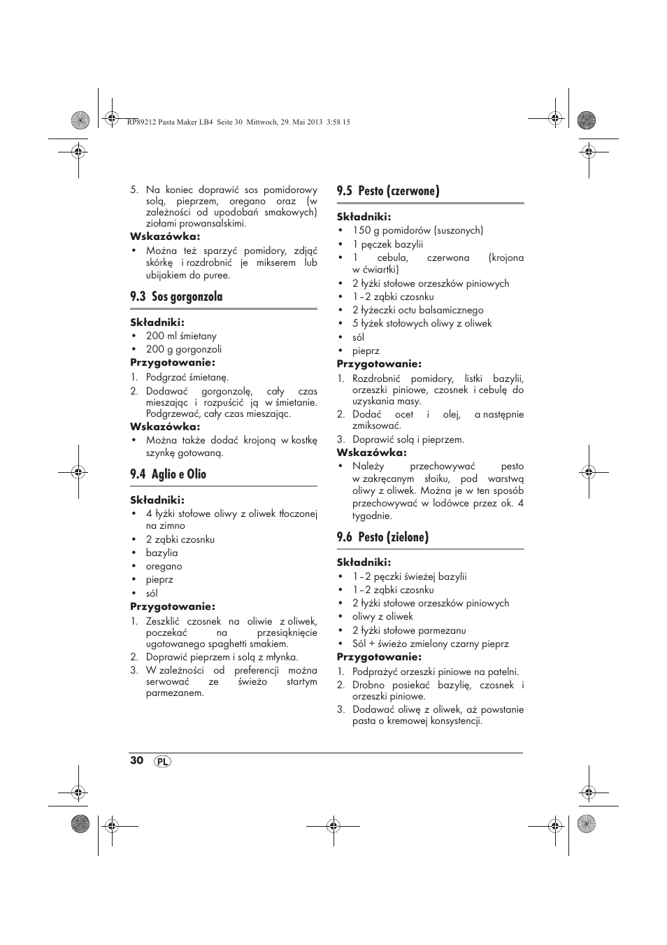 3 sos gorgonzola, 4 aglio e olio, 5 pesto (czerwone) | 6 pesto (zielone) | Silvercrest SPM 200 A1 User Manual | Page 32 / 114