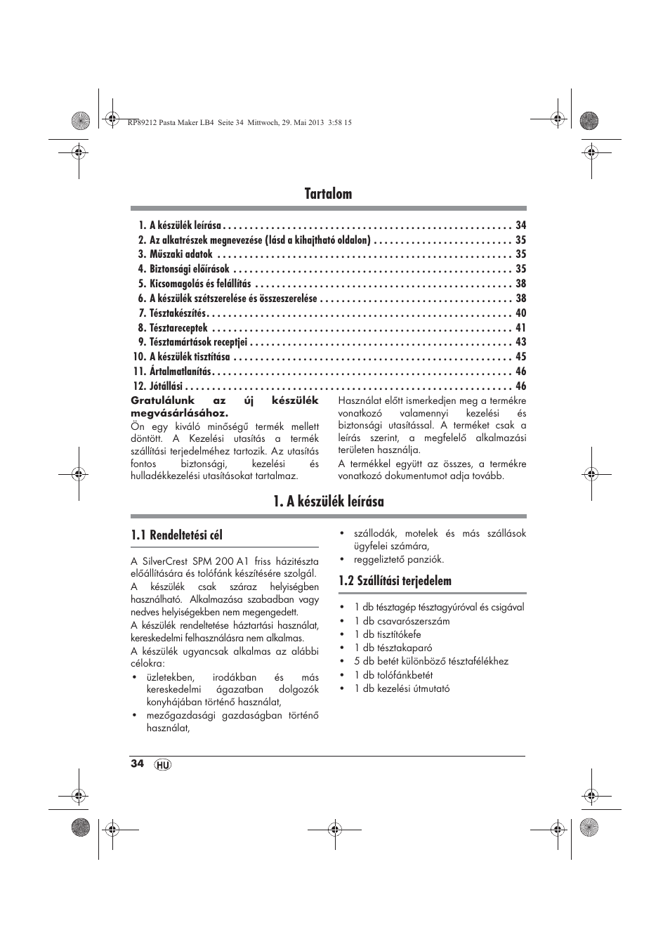 Tartalom, A készülék leírása | Silvercrest SPM 200 A1 User Manual | Page 36 / 114