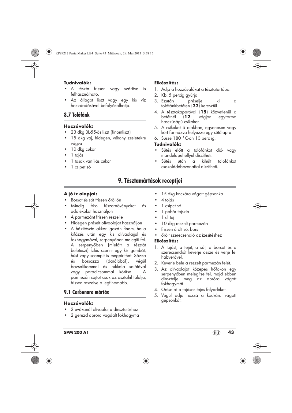 Tésztamártások receptjei, 7 tolófánk, 1 carbonara mártás | Silvercrest SPM 200 A1 User Manual | Page 45 / 114