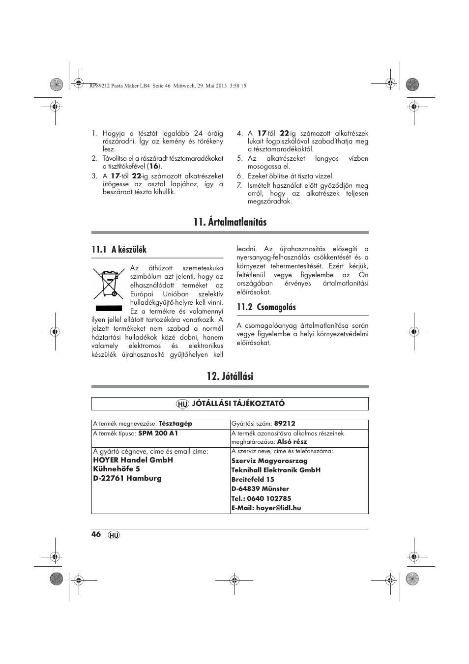Ártalmatlanítás, Jótállási, 1 a készülék | 2 csomagolás | Silvercrest SPM 200 A1 User Manual | Page 48 / 114