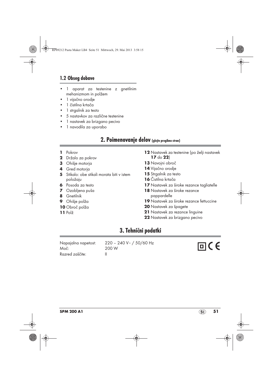 Poimenovanje delov, Tehnični podatki, 2 obseg dobave | Silvercrest SPM 200 A1 User Manual | Page 53 / 114