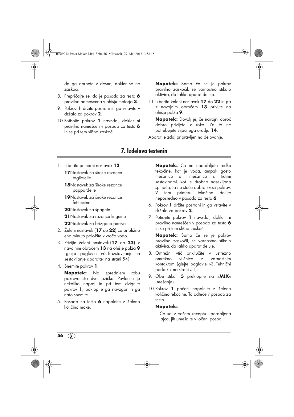 Izdelava testenin | Silvercrest SPM 200 A1 User Manual | Page 58 / 114