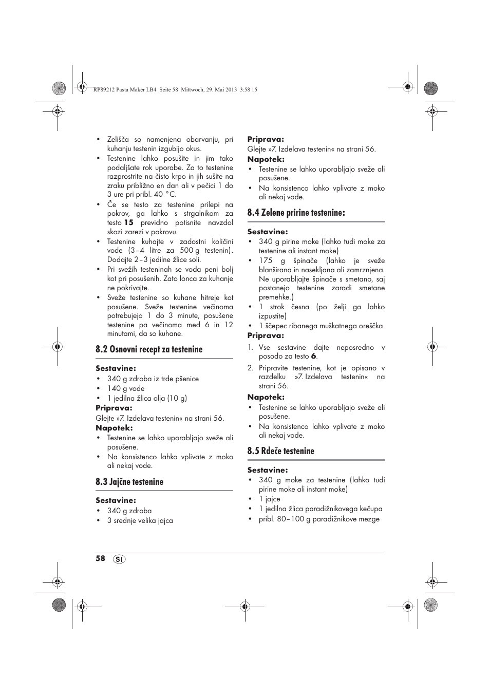 2 osnovni recept za testenine, 3 jajčne testenine, 4 zelene pririne testenine | 5 rdeče testenine | Silvercrest SPM 200 A1 User Manual | Page 60 / 114