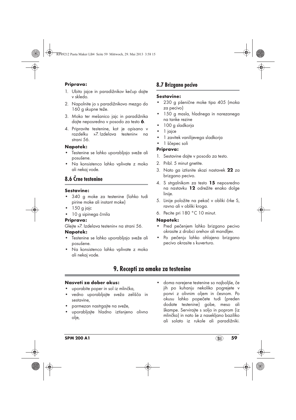Recepti za omake za testenine, 6 črne testenine, 7 brizgano pecivo | Silvercrest SPM 200 A1 User Manual | Page 61 / 114