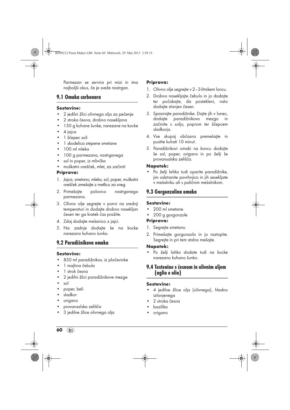 1 omaka carbonara, 2 paradižnikova omaka, 3 gorgonzolina omaka | Silvercrest SPM 200 A1 User Manual | Page 62 / 114
