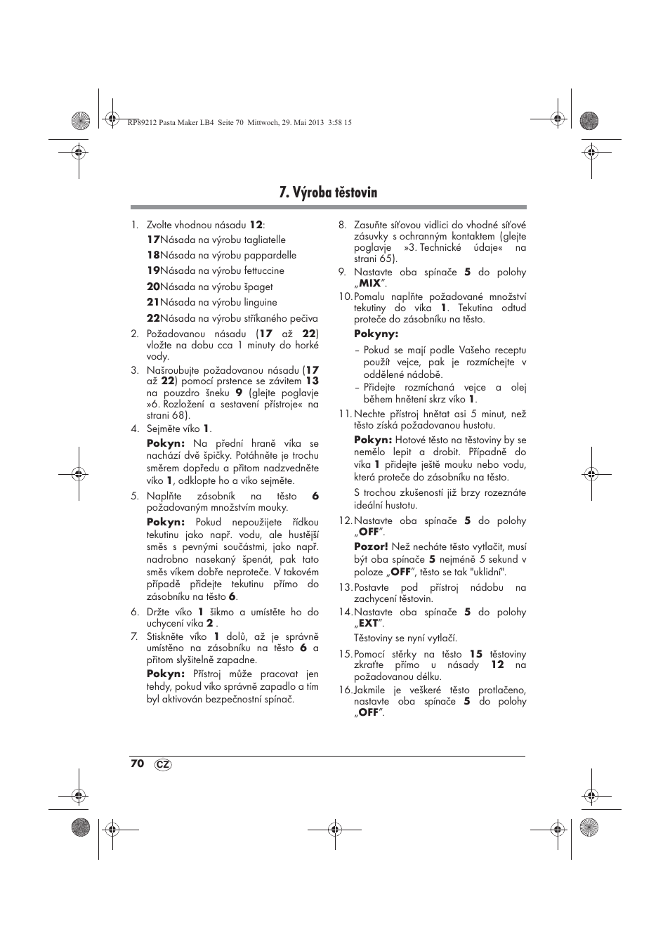 Výroba těstovin | Silvercrest SPM 200 A1 User Manual | Page 72 / 114