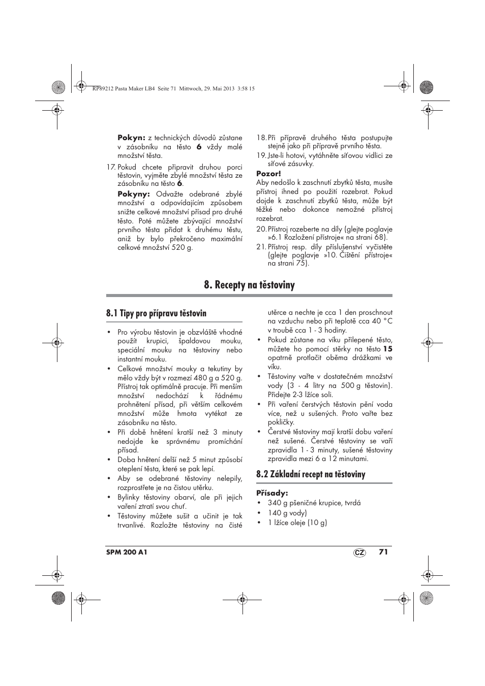 Recepty na těstoviny, 1 tipy pro přípravu těstovin, 2 základní recept na těstoviny | Silvercrest SPM 200 A1 User Manual | Page 73 / 114