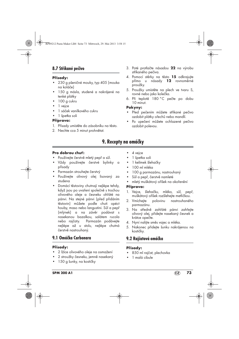 Recepty na omáčky, 7 stříkané pečivo, 1 omáčka carbonara | 2 rajčatová omáčka | Silvercrest SPM 200 A1 User Manual | Page 75 / 114