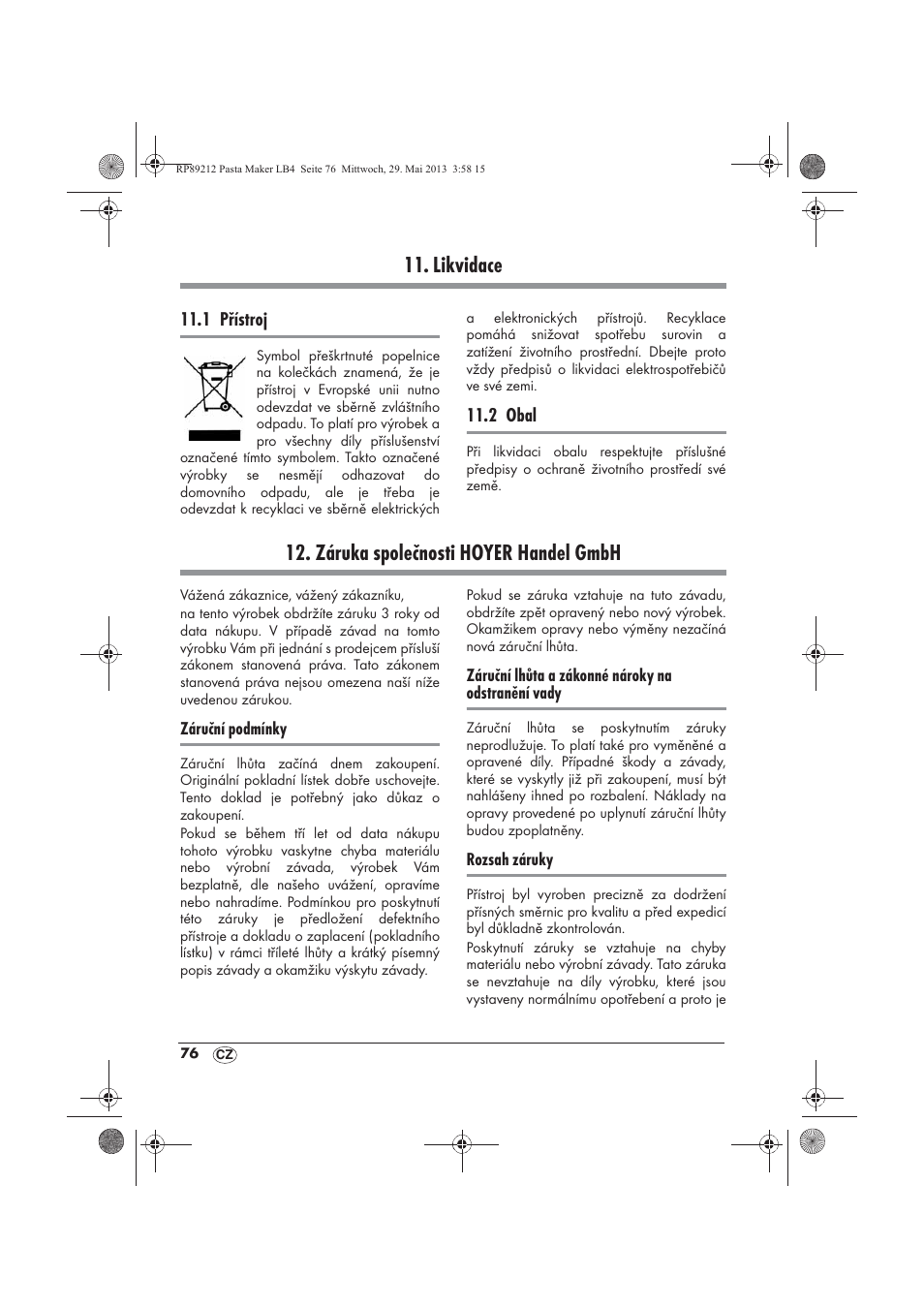 Likvidace, Záruka společnosti hoyer handel gmbh | Silvercrest SPM 200 A1 User Manual | Page 78 / 114