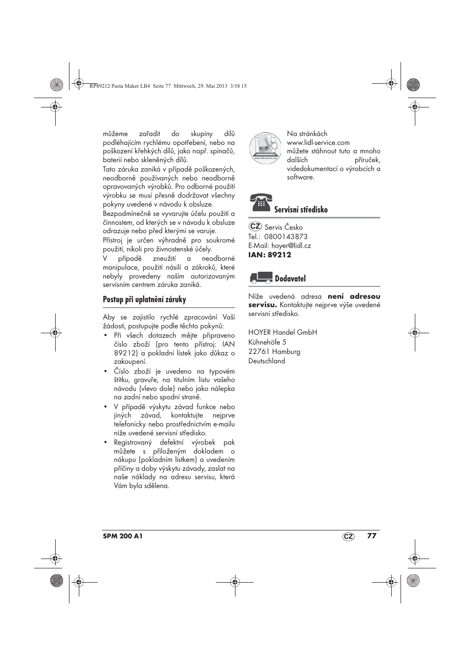 Postup při uplatnění záruky, Servisní středisko, Dodavatel | Silvercrest SPM 200 A1 User Manual | Page 79 / 114