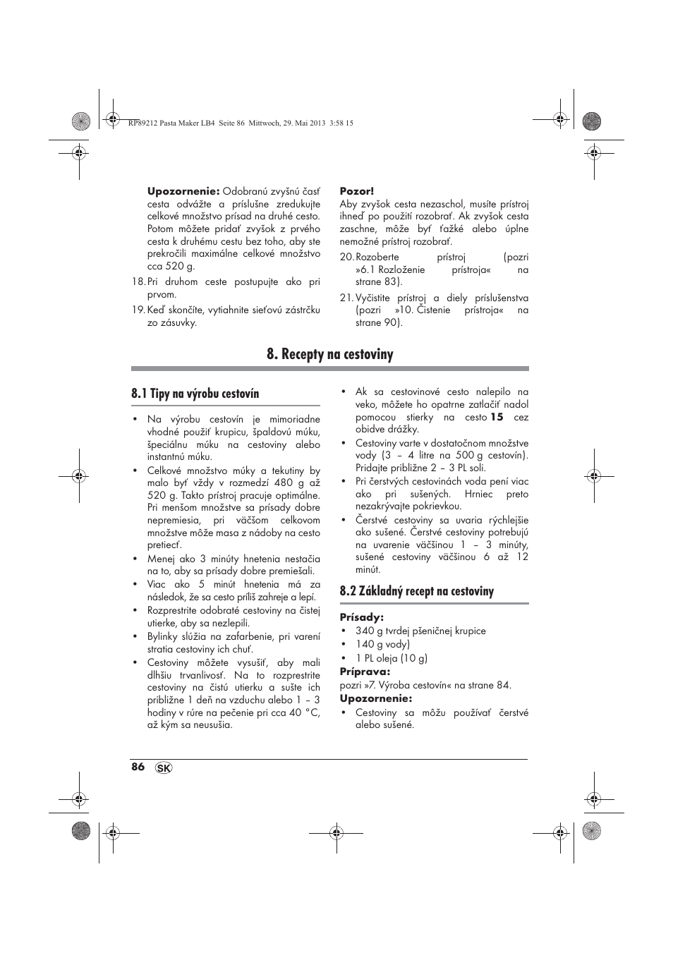 Recepty na cestoviny, 1 tipy na výrobu cestovín, 2 základný recept na cestoviny | Silvercrest SPM 200 A1 User Manual | Page 88 / 114