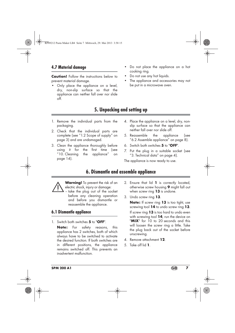 Unpacking and setting up, Dismantle and assemble appliance, 7 material damage | 1 dismantle appliance | Silvercrest SPM 200 A1 User Manual | Page 9 / 114