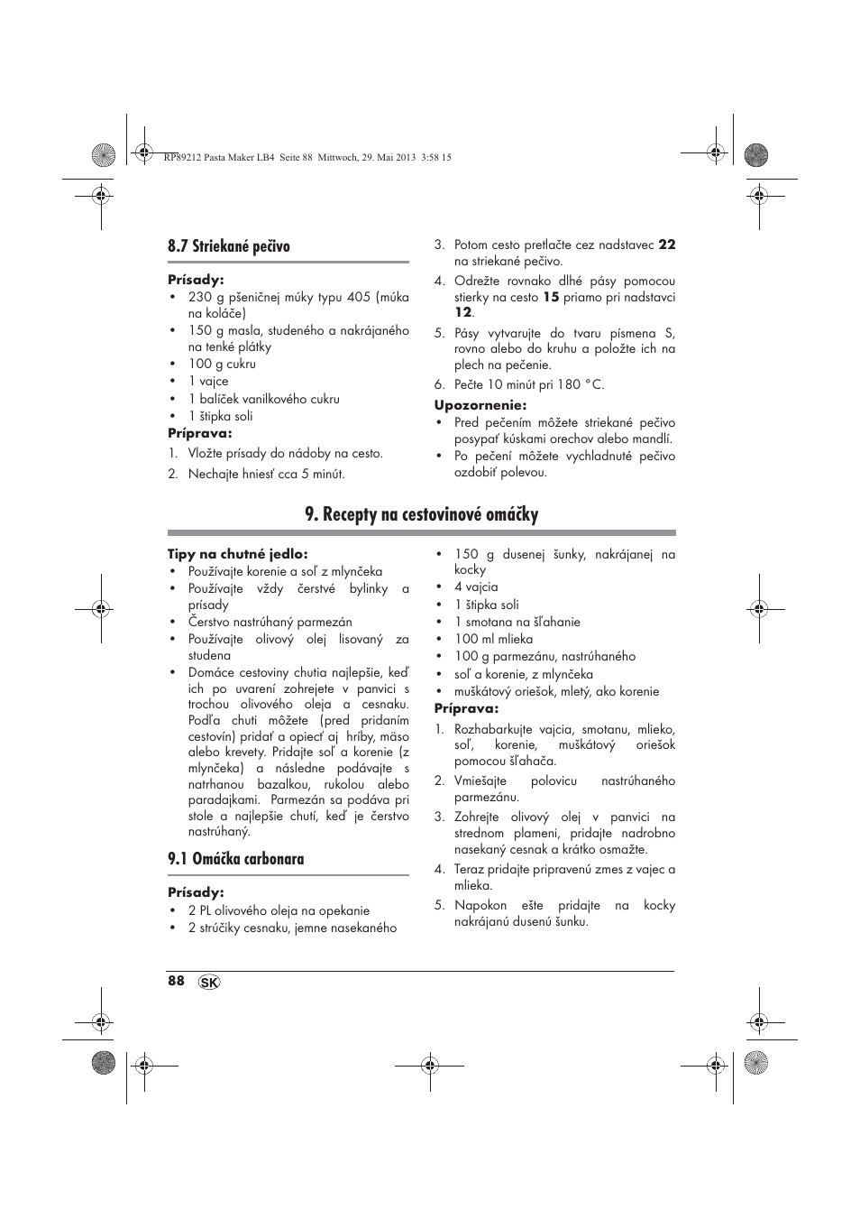 Recepty na cestovinové omáčky, 7 striekané pečivo, 1 omáčka carbonara | Silvercrest SPM 200 A1 User Manual | Page 90 / 114