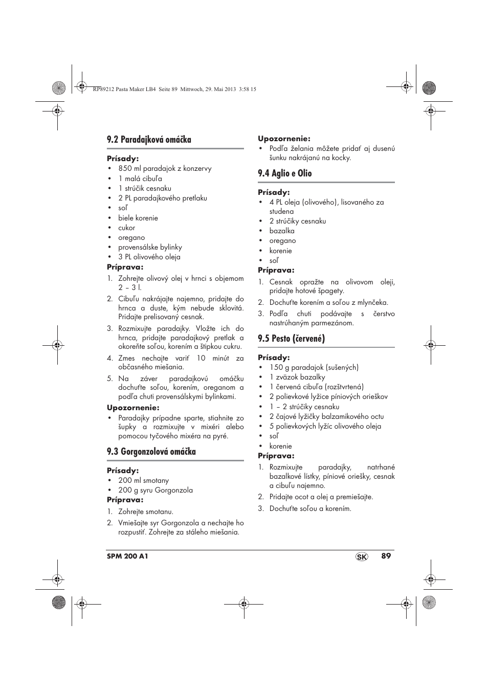 2 paradajková omáčka, 3 gorgonzolová omáčka, 4 aglio e olio | 5 pesto (červené) | Silvercrest SPM 200 A1 User Manual | Page 91 / 114