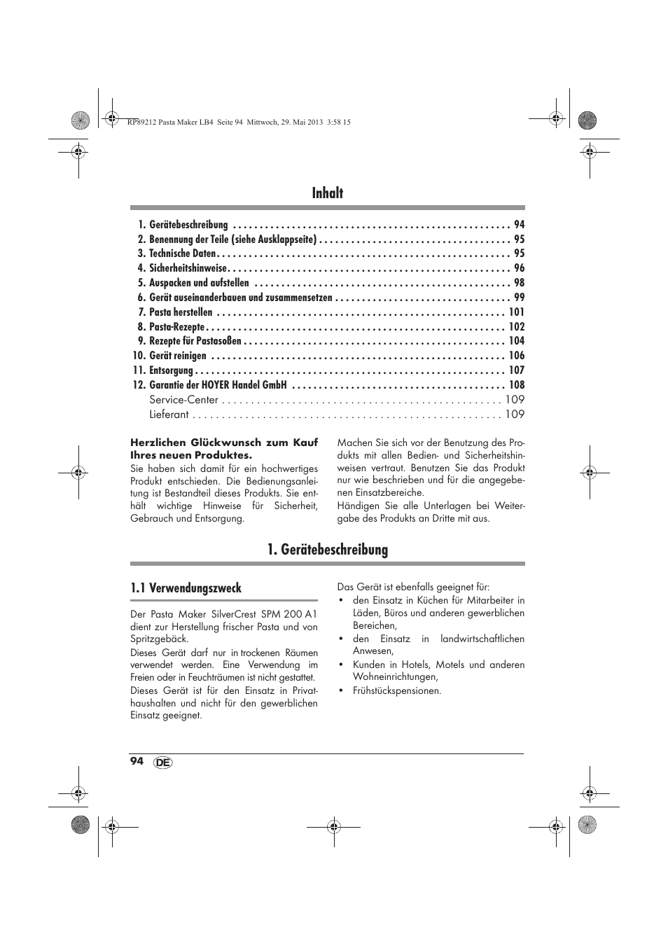 Inhalt, Gerätebeschreibung, 1 verwendungszweck | Silvercrest SPM 200 A1 User Manual | Page 96 / 114