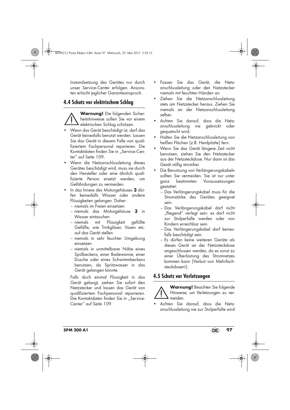4 schutz vor elektrischem schlag, 5 schutz vor verletzungen | Silvercrest SPM 200 A1 User Manual | Page 99 / 114