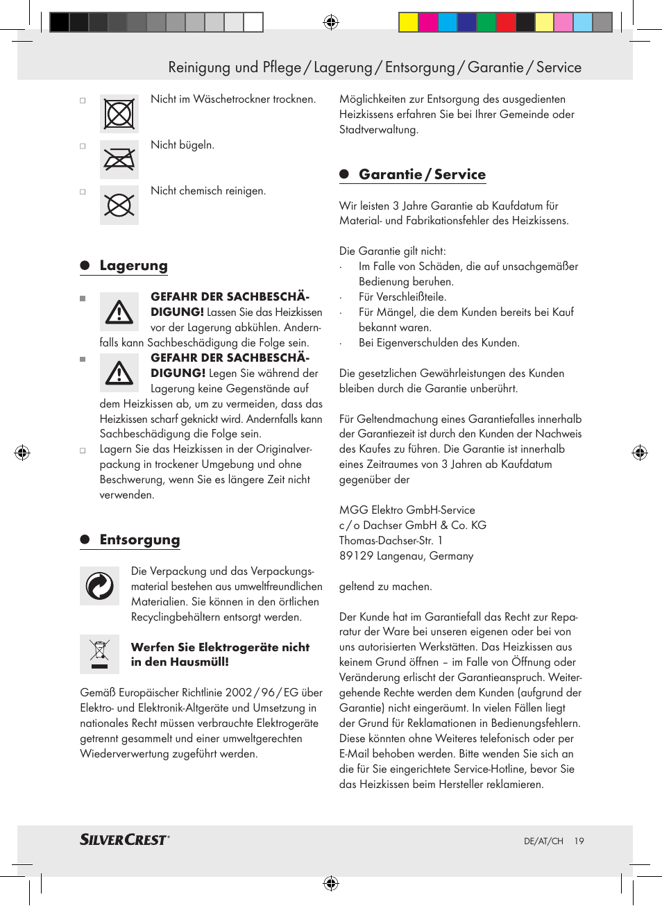 Lagerung, Entsorgung, Garantie / service | Silvercrest SHBR 100 A2 User Manual | Page 15 / 24